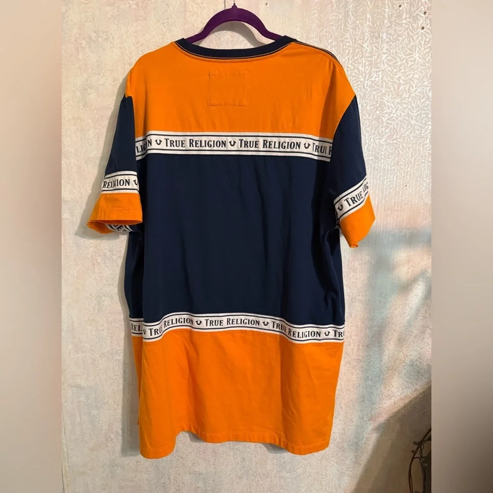 True Religion Mens Colorblock Panel Tee, 98% Cotton, Navy And Orange 3XL